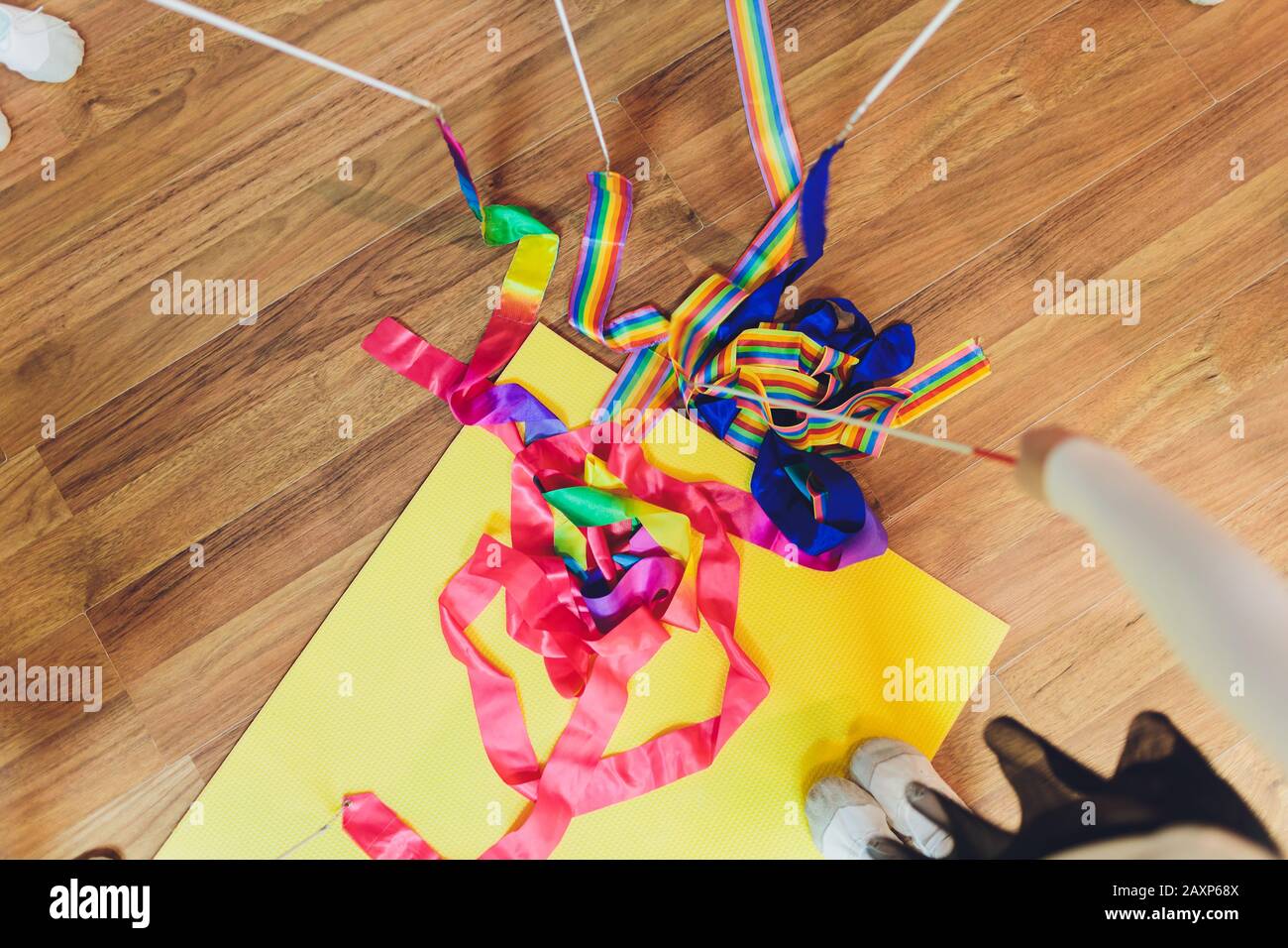 Gymnastics apparatus, ribbon sticks children team. closeup Stock Photo