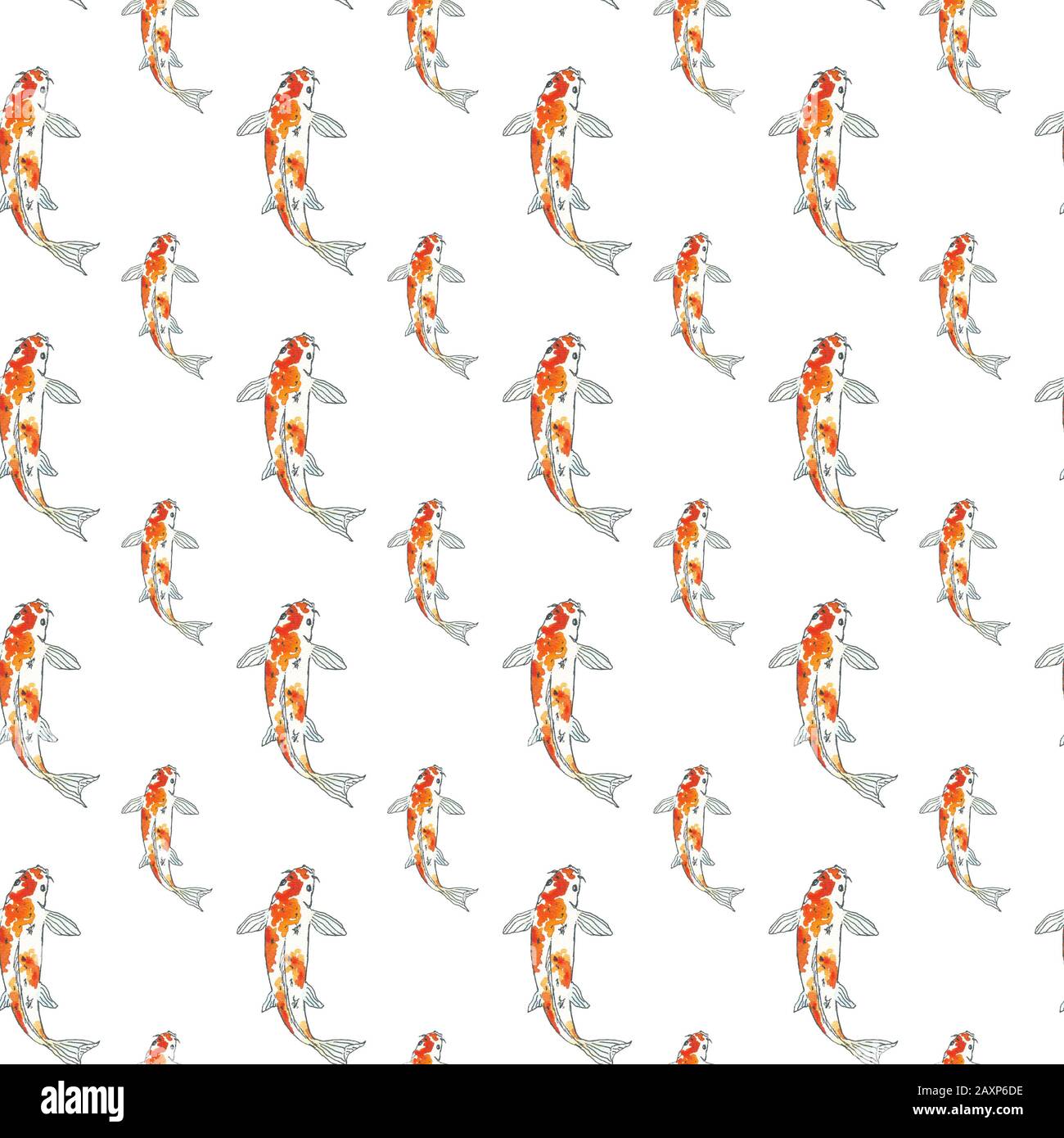 Seamless pattern of koi fish. Hand drawing sketch on white background. Watercolor illustration can be used in greeting cards, posters, flyers, banners, logo, further design etc. Stock Photo