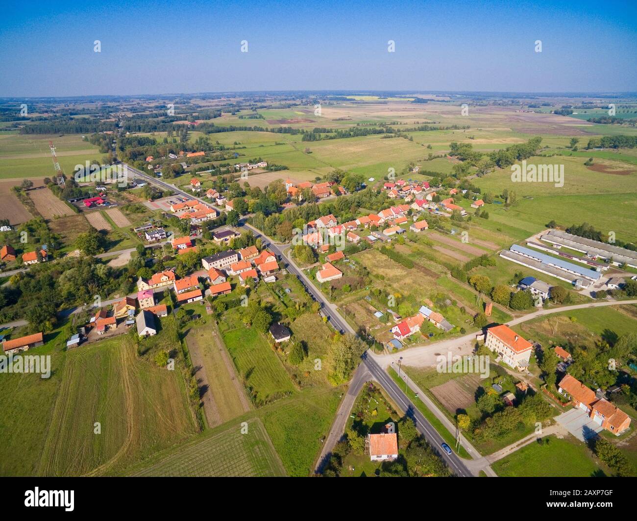 Aerial view of beautiful Budry village, Mazury, Poland (former Buddern