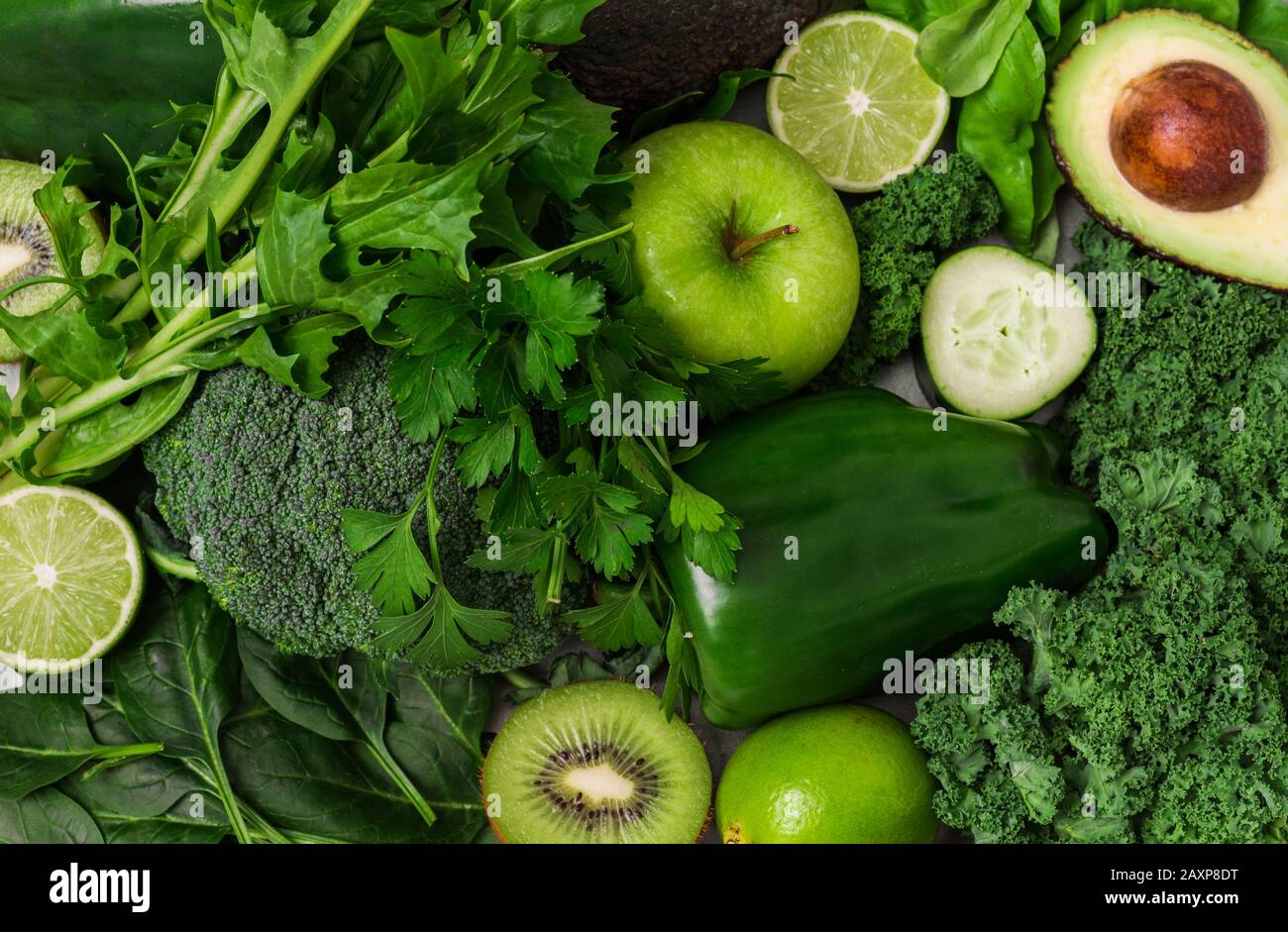 Selection of healthy green food fresh vegetables and fruit Stock Photo ...