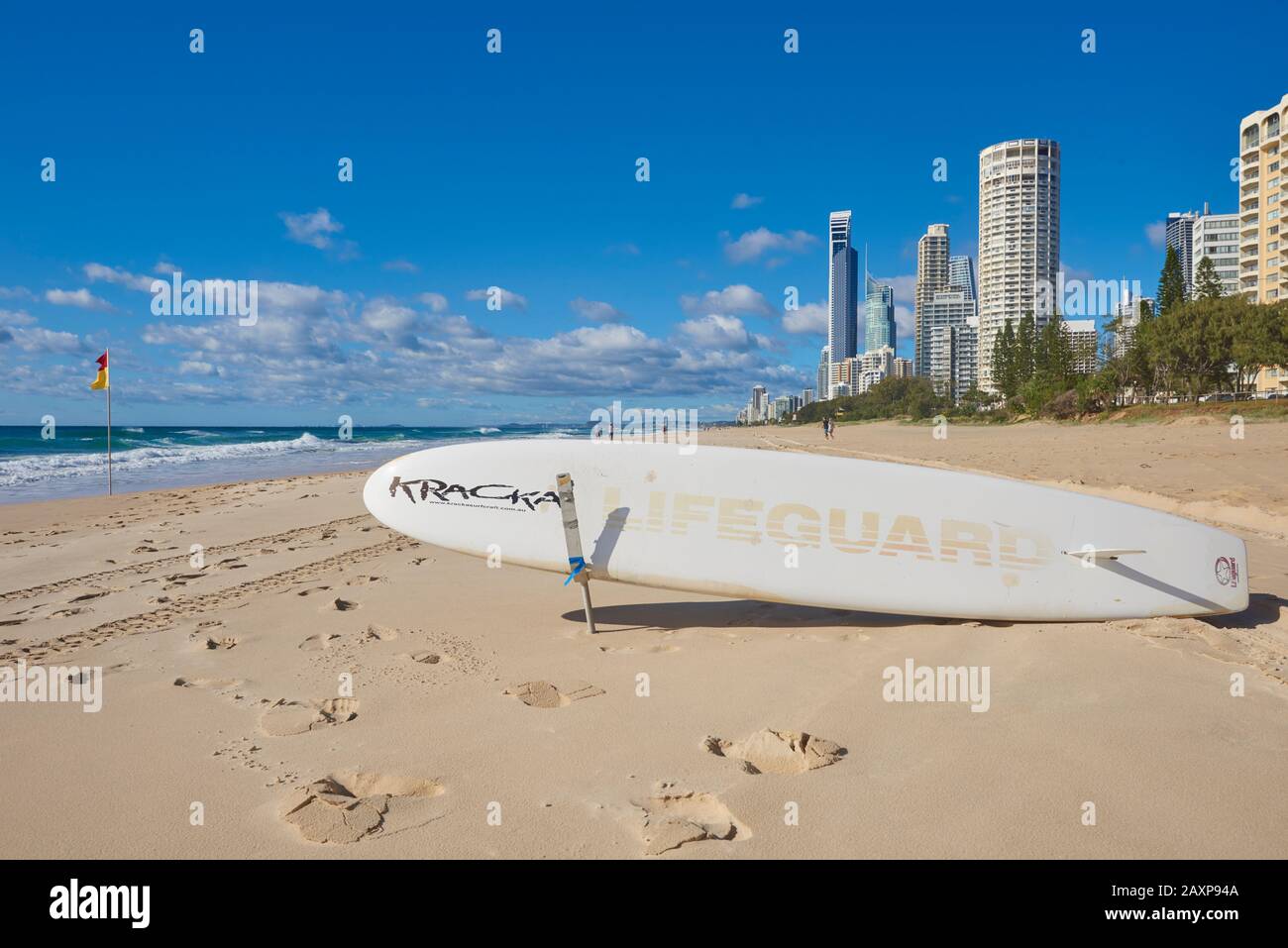 Landscape, Surfboard, Beach, Skyline, Surfers Paradise, Gold Coast, Queensland, Australia, Oceania Stock Photo
