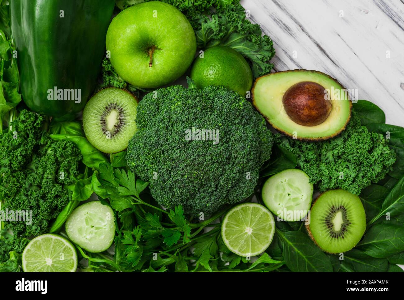 Selection of healthy green food fresh vegetables and fruit Stock Photo ...