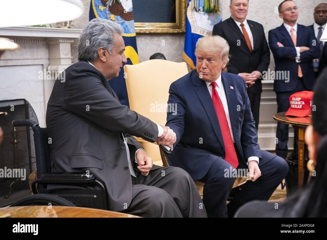 Washington, United States. 12th Feb, 2020. President Donald J. Trump (R) and Ecuadorian President Lenin Moreno (L) speak to the media in the Oval Office of the White House in Washington, DC, on Wednesday, February 12, 2020. The President used the opportunity to double down on his criticism of the sentencing of his supporter Roger Stone, who was convicted obstruction, making false statements, and witness tampering. Photo by Jim Lo Scalzo/UPI Credit: UPI/Alamy Live News Stock Photo