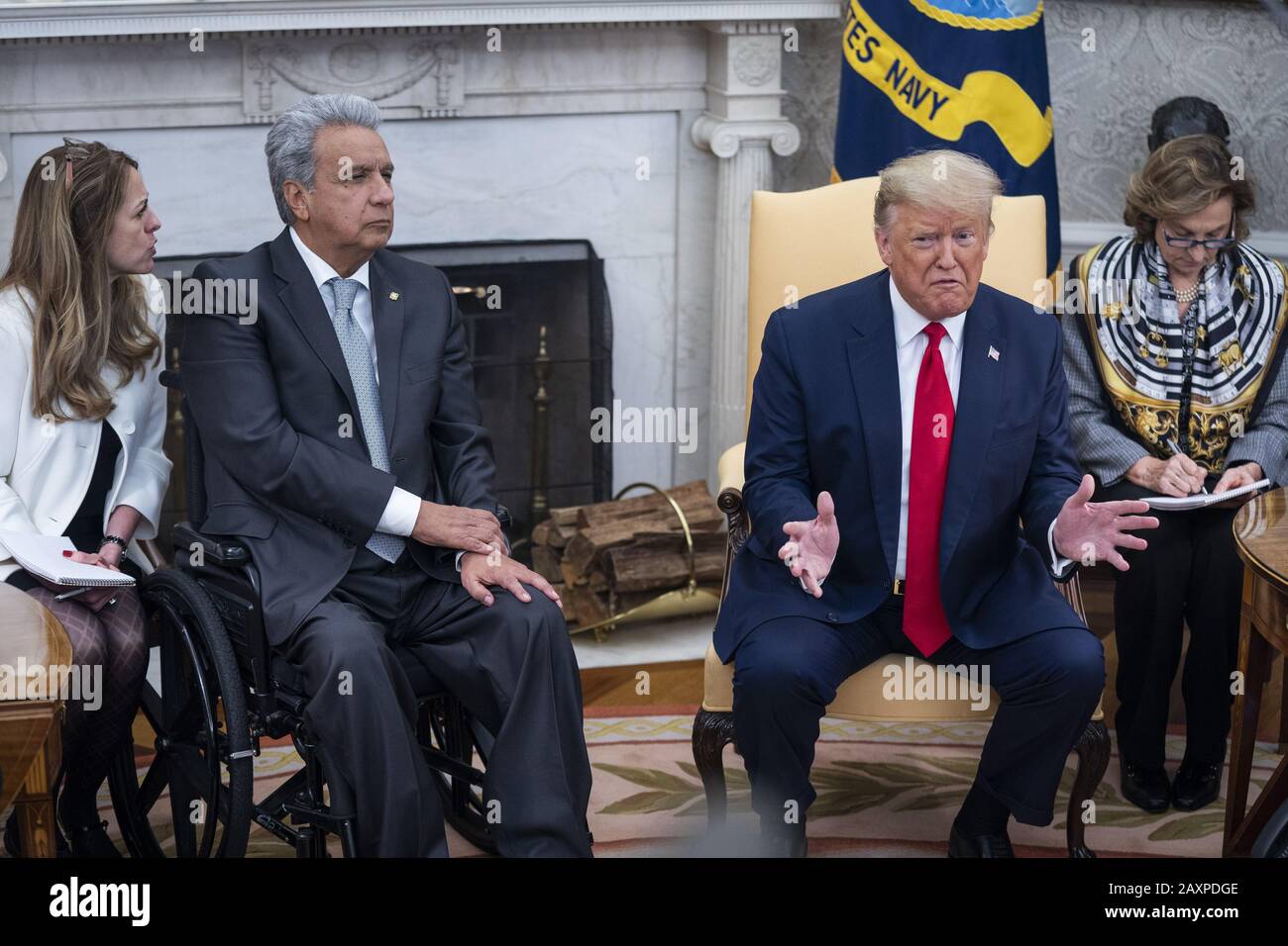 Washington, United States. 12th Feb, 2020. President Donald J. Trump (R) and Ecuadorian President Lenin Moreno (L) speak to the media in the Oval Office of the White House in Washington, DC, on Wednesday, February 12, 2020. The President used the opportunity to double down on his criticism of the sentencing of his supporter Roger Stone, who was convicted obstruction, making false statements, and witness tampering. Photo by Jim Lo Scalzo/UPI Credit: UPI/Alamy Live News Stock Photo