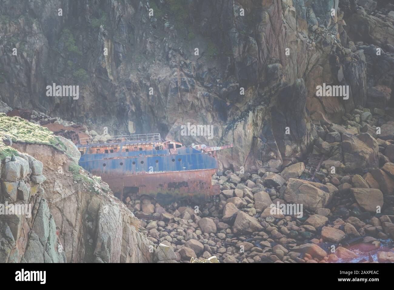 Shipwreck of the freighter RMS Mülheim on the coast at Lands End, Penzance, Cornwall, England, United Kingdom Stock Photo