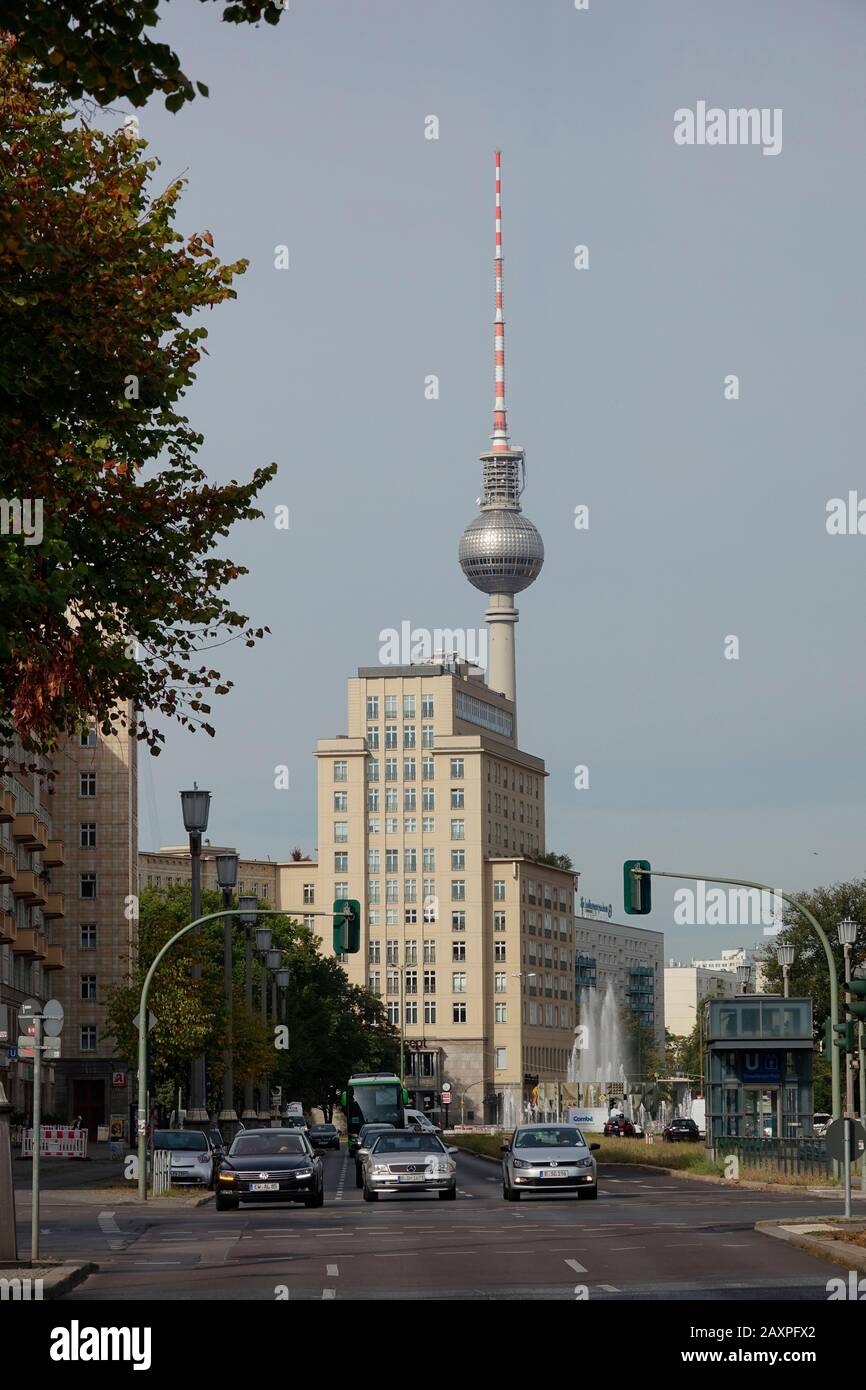 Berlin, Karl Marx avenue, street scene, TV tower Stock Photo
