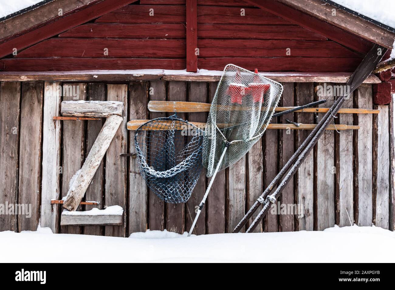 Finland, Lapland, Muonio, Keimiöniemi, fisherman's hut, lettering zoo Stock Photo