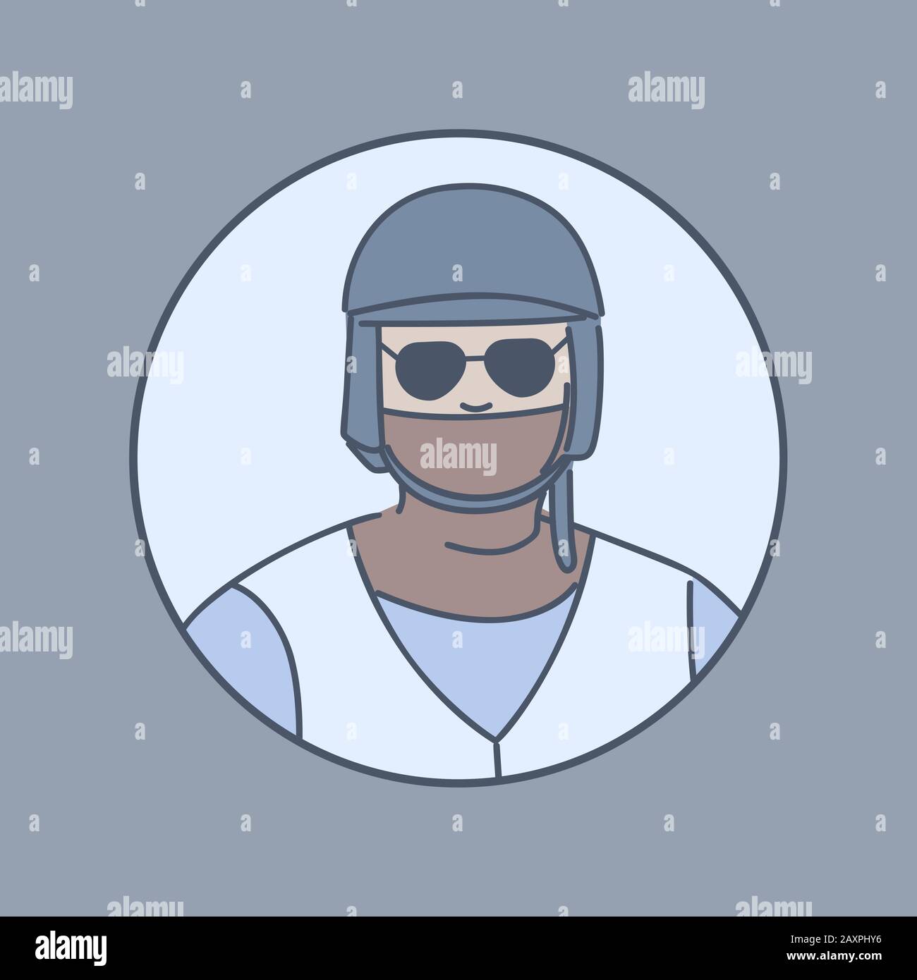Policeman in a mask in round shaped frame cartoon illustration. Security guard, capture group member in uniform protects law and order outline character. Police officer vector concept. Stock Vector
