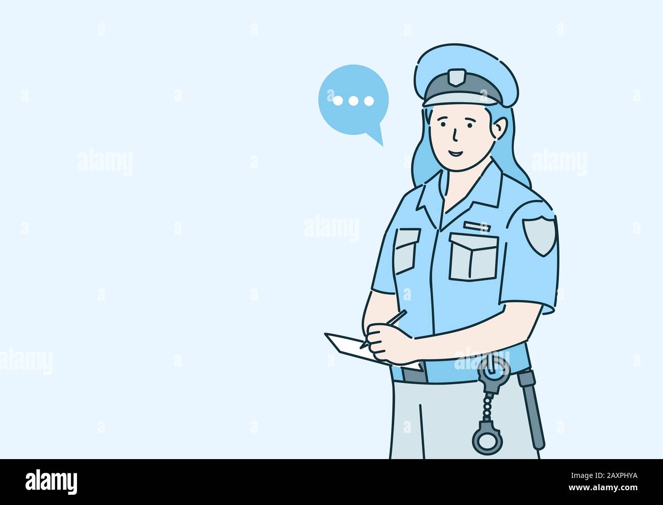 Policewoman issuing a fines cartoon vector illustration with speech bubble isolated on blue background. Security guard in uniform interviewing witnesses or issuing a parking ticket outline character. Stock Vector