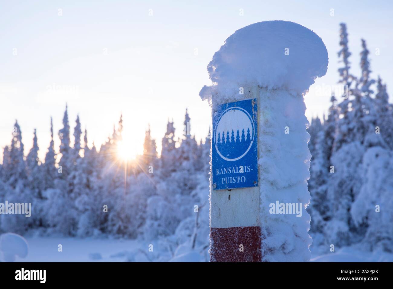 Finland, Lapland, Kittilä, Pallastunturi, sign national park Stock Photo