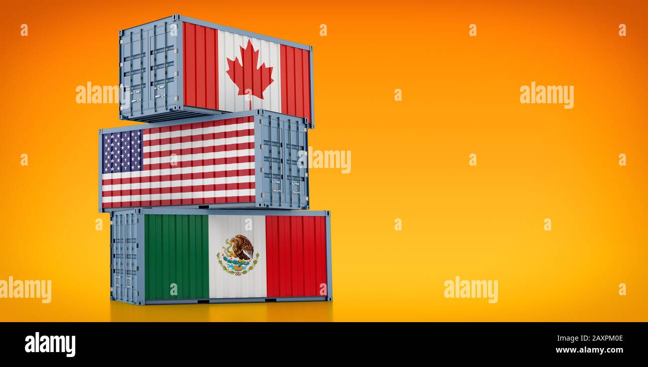 Freight containers with Canada, USA and Mexico national flags - NAFTA North American Free Trade Agreement - 3D Rendering Stock Photo