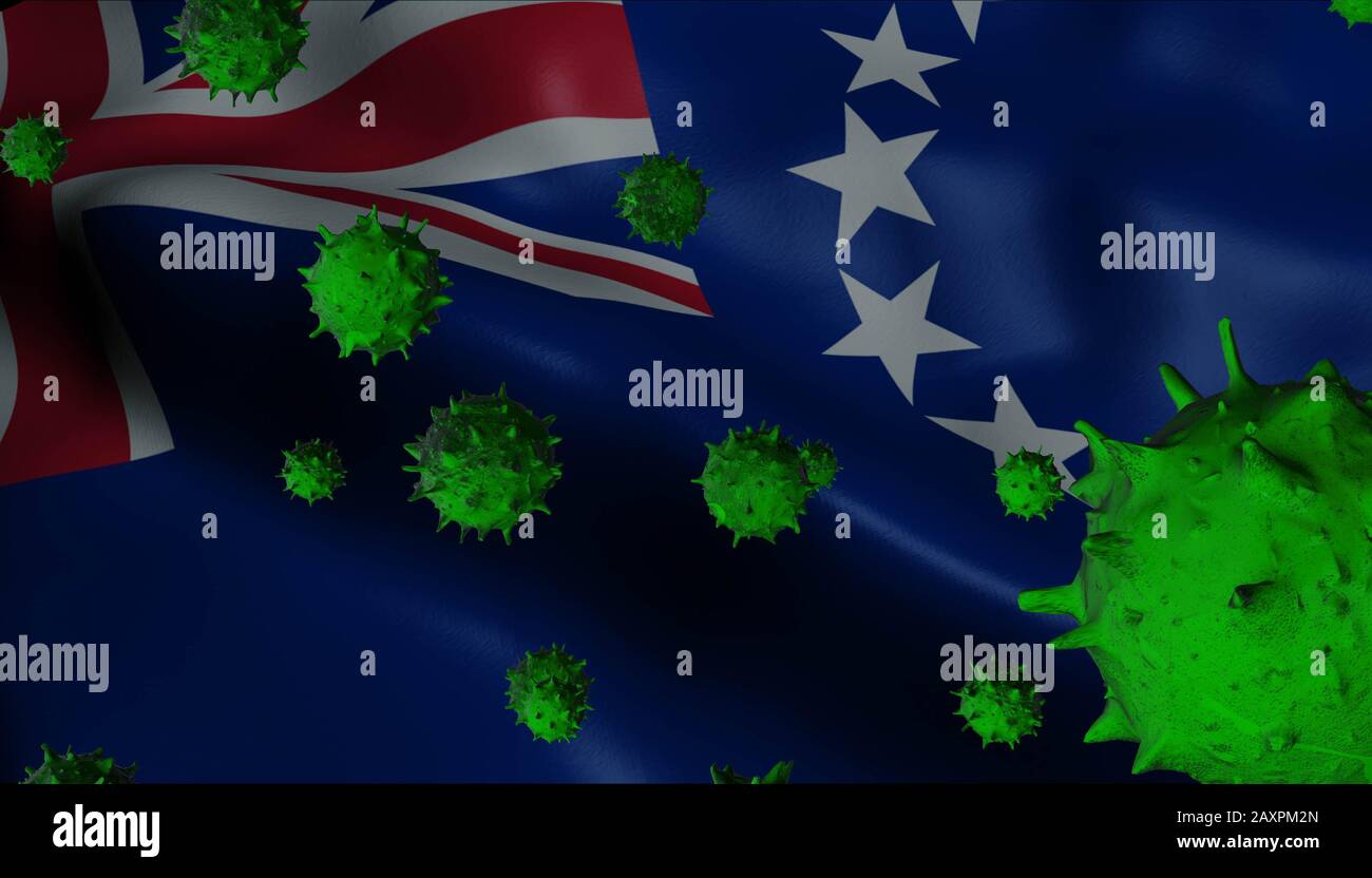 3D animation of Cook Islands waving flag with green viruses (Coronavirus Concept) Stock Photo