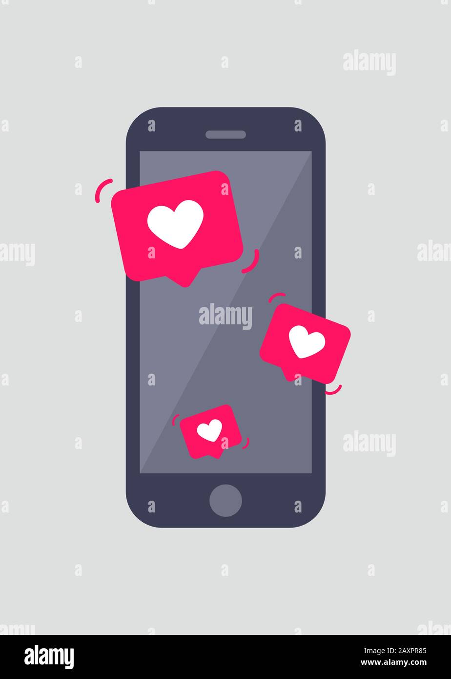 Smartphone with like notifications on the screen flat vector illustration. Stock Vector