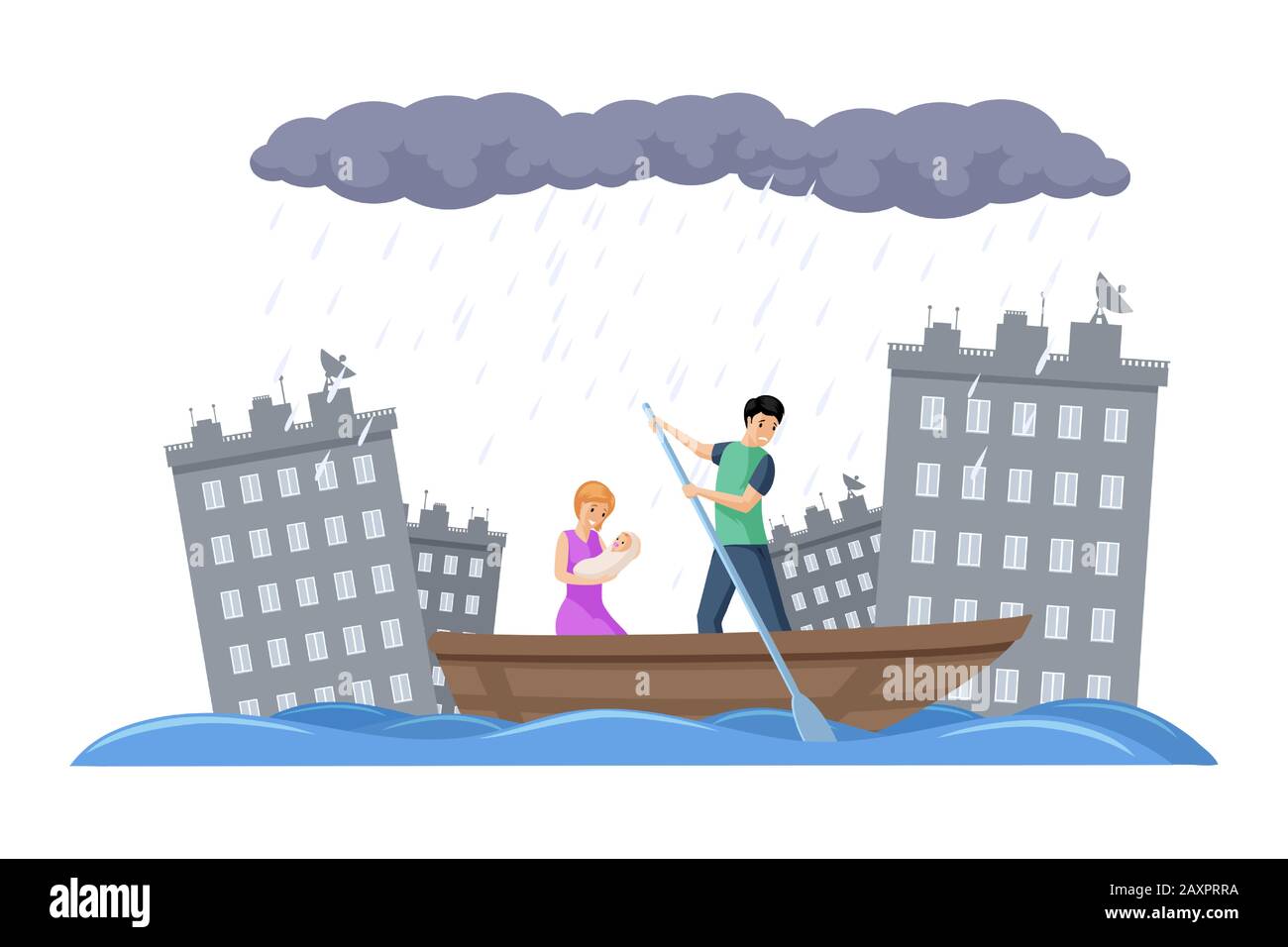 Family escapes on a boat from the flood in a city vector flat illustration. Natural disaster, floating city buildings, cataclysm concept. Man, woman and their child evacuating during the storm. Stock Vector