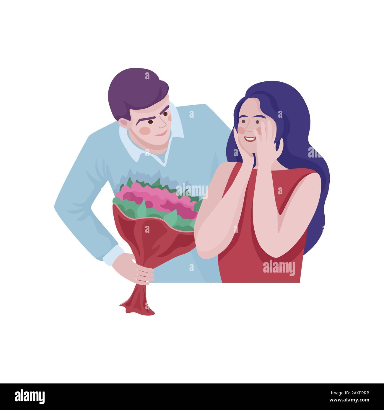 Young man giving a bouquet of flowers to happy girl vector illustration. Happy birthday, International Women Day, Valentine day, celebrating holidays. Love and relationship flat concept. Stock Vector