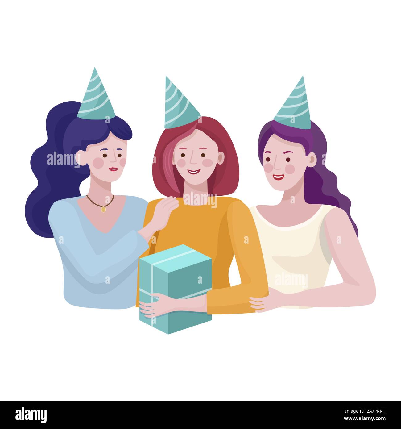 Three happy smiling girls giving present to friend vector illustration. Young women celebrating a birthday, offering gift, congratulating friend during party. Happy birthday, holidays flat concept. Stock Vector