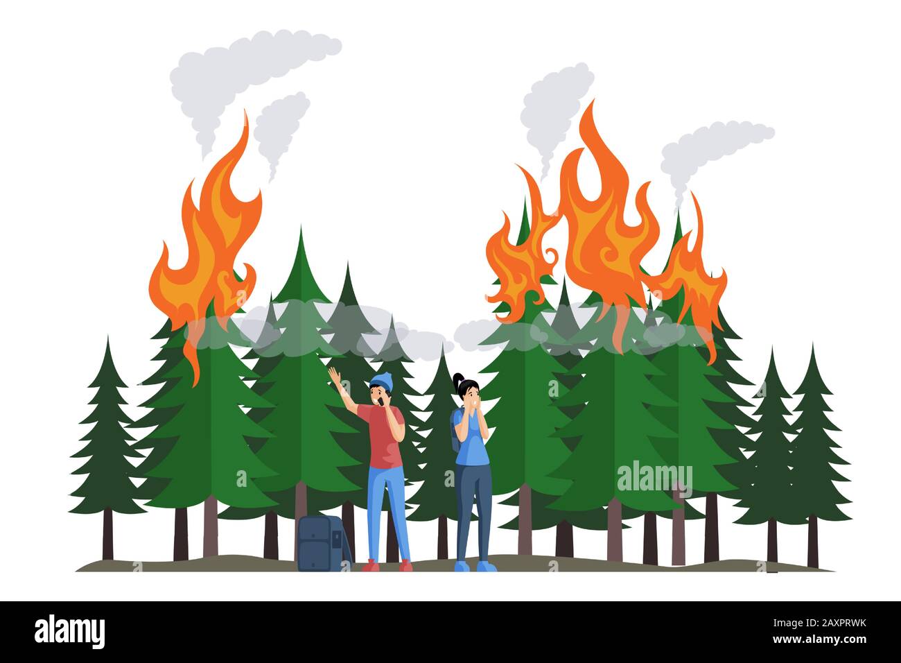 Frightened young campers, boy and girl during a fire in forest flat vector illustration. Boy calls on phone for evacuation, girl screams for help. Natural disaster, global warming concept. Stock Vector