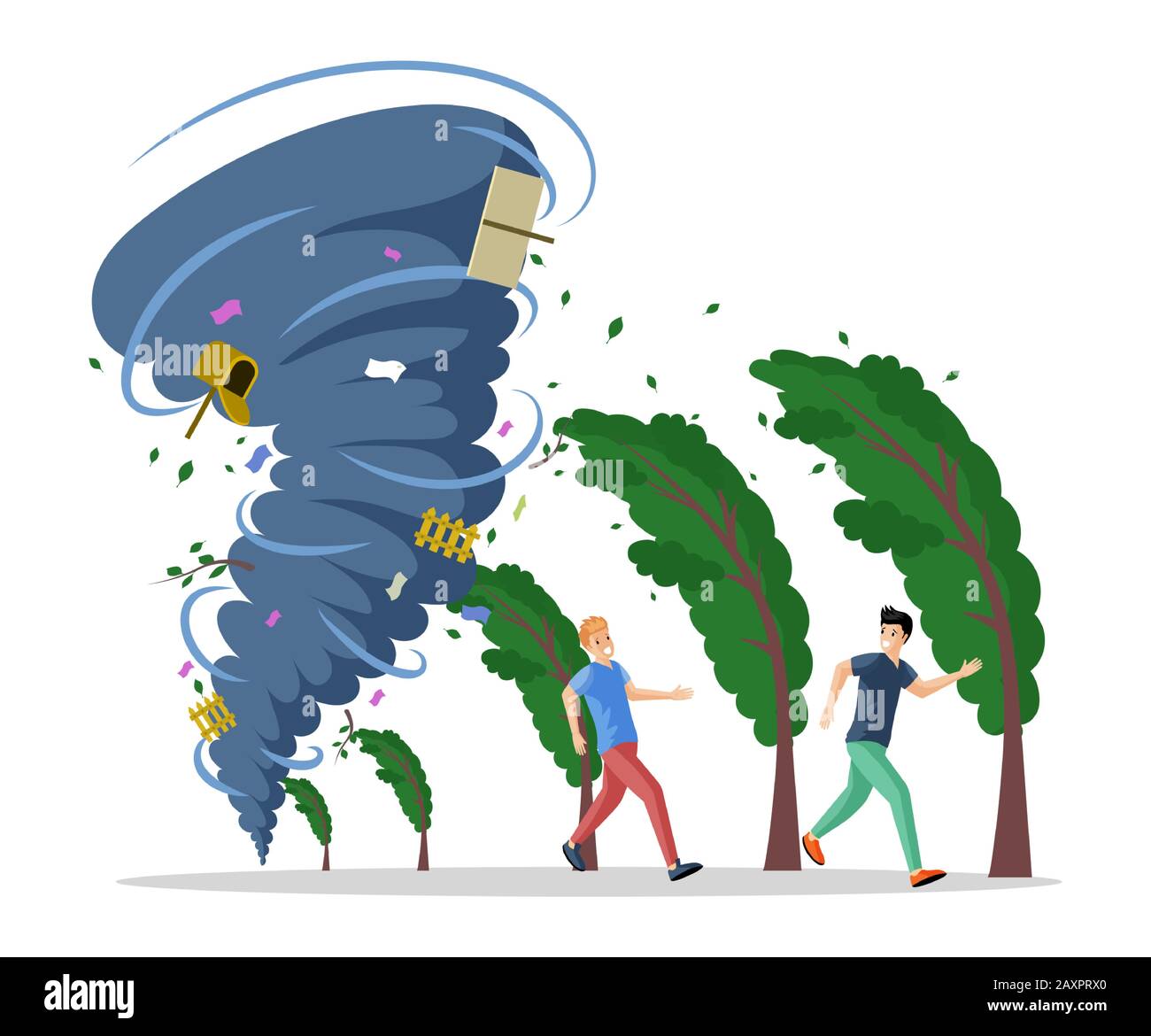 Frightened young men running from hurricane in the countryside vector flat illustration. Natural disaster, twisting tornado or storm, cataclysm, catastrophe and crisis. Bad weather landscape concept. Stock Vector