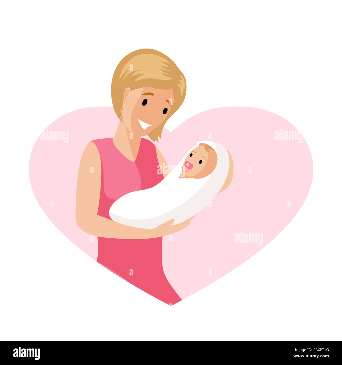 Happy smiling woman in heart shaped pink frame and a baby in tender embrace vector flat illustration. Mother and child, motherhood, love, happy mother day card concept. Stock Vector
