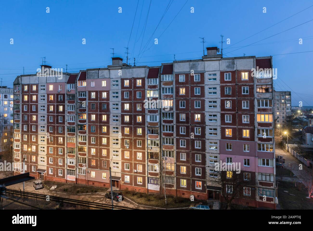 Zhytomyr, Ukraine, prefabricated housing settlement at dusk Stock Photo