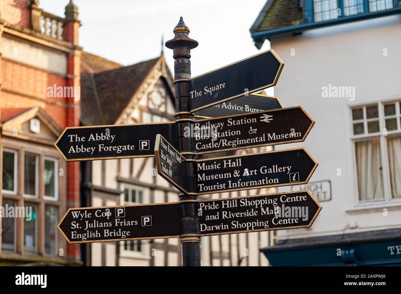 Signpost identifying places to see in historic Shrewsbury, England