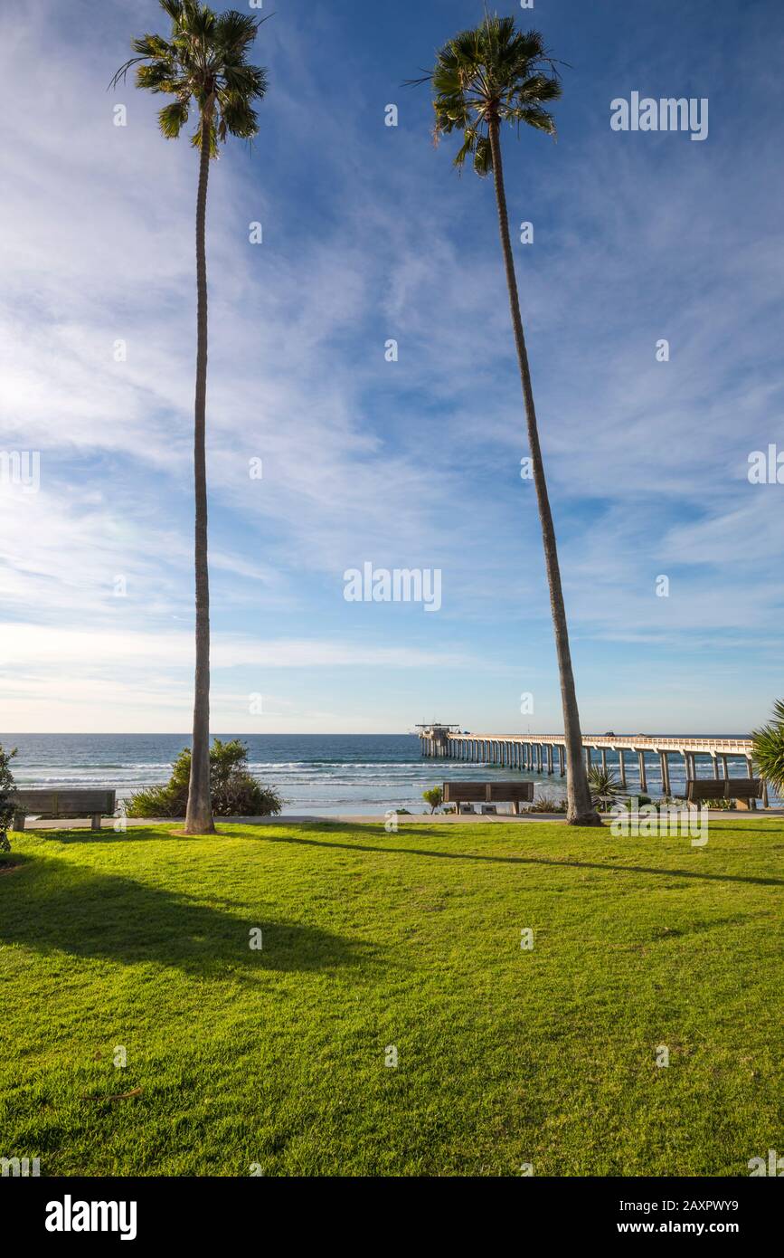 Winter coastal scene with a view of Scripps Pier. La Jolla, CA, USA. This view is from the grounds of the Scripps Institute Of Oceanography. Stock Photo