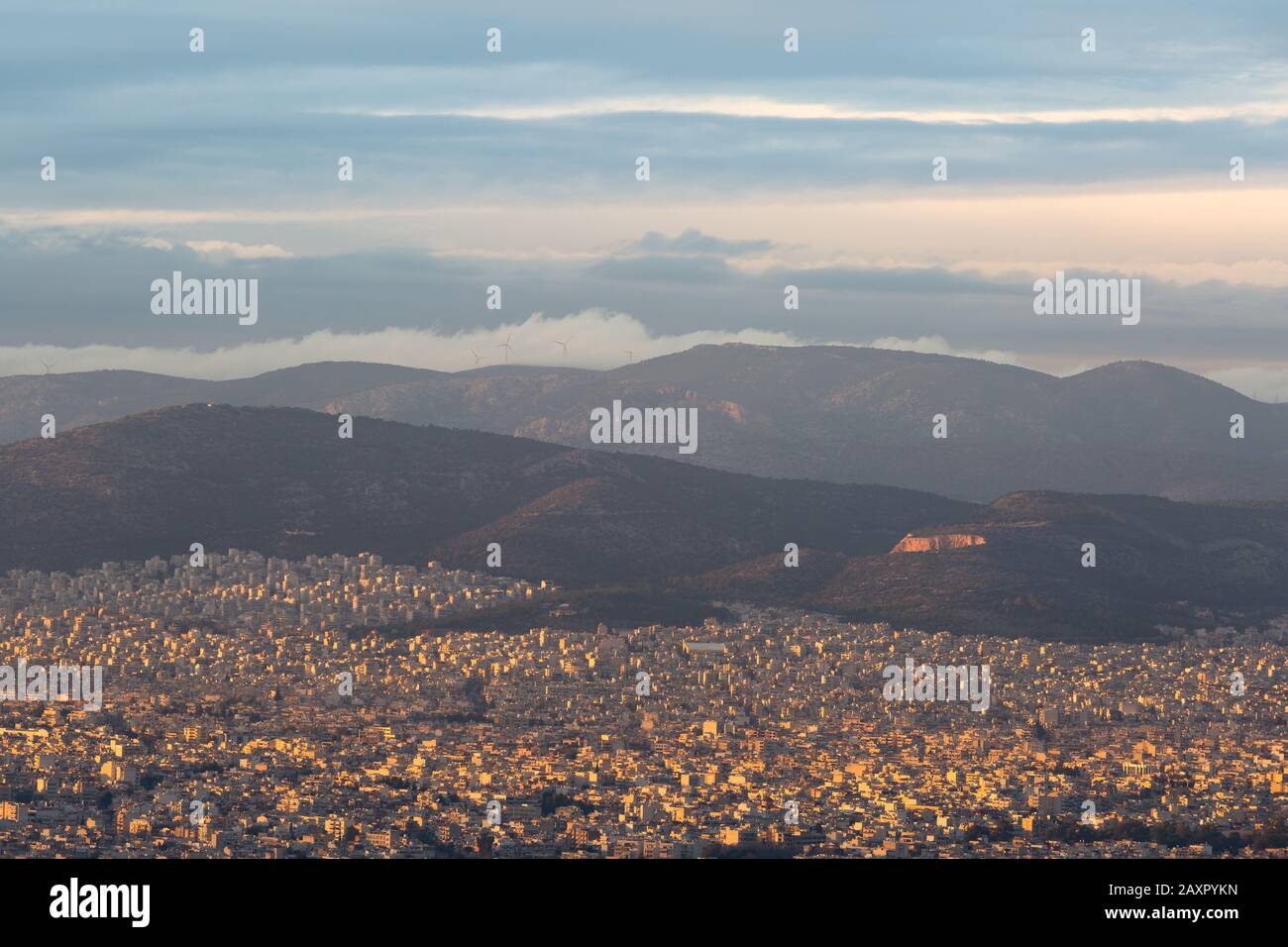 View of Athens and Aigaleo mountain from Lycabettus hill at sunset, Greece. Stock Photo