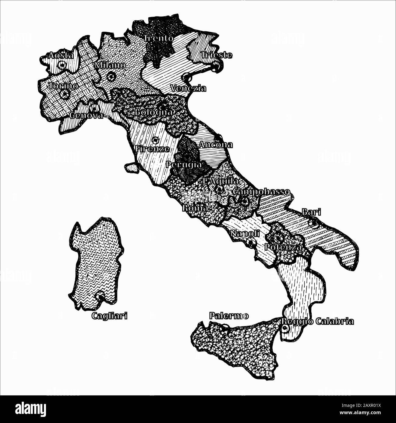 Map of Italy bright graphic illustration. Handmade drawing with map. Italy map with Italian major cities and regions. Bright illustration Stock Photo