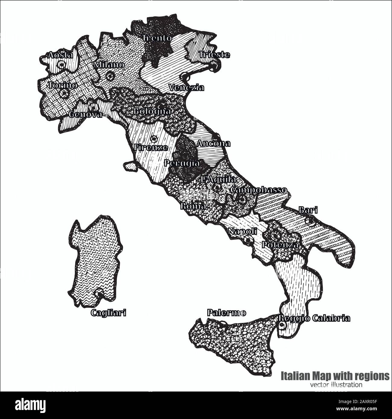 Map of Italy bright graphic illustration. Handmade drawing with map. Italy map with Italian major cities and regions. Bright vector illustration Stock Vector