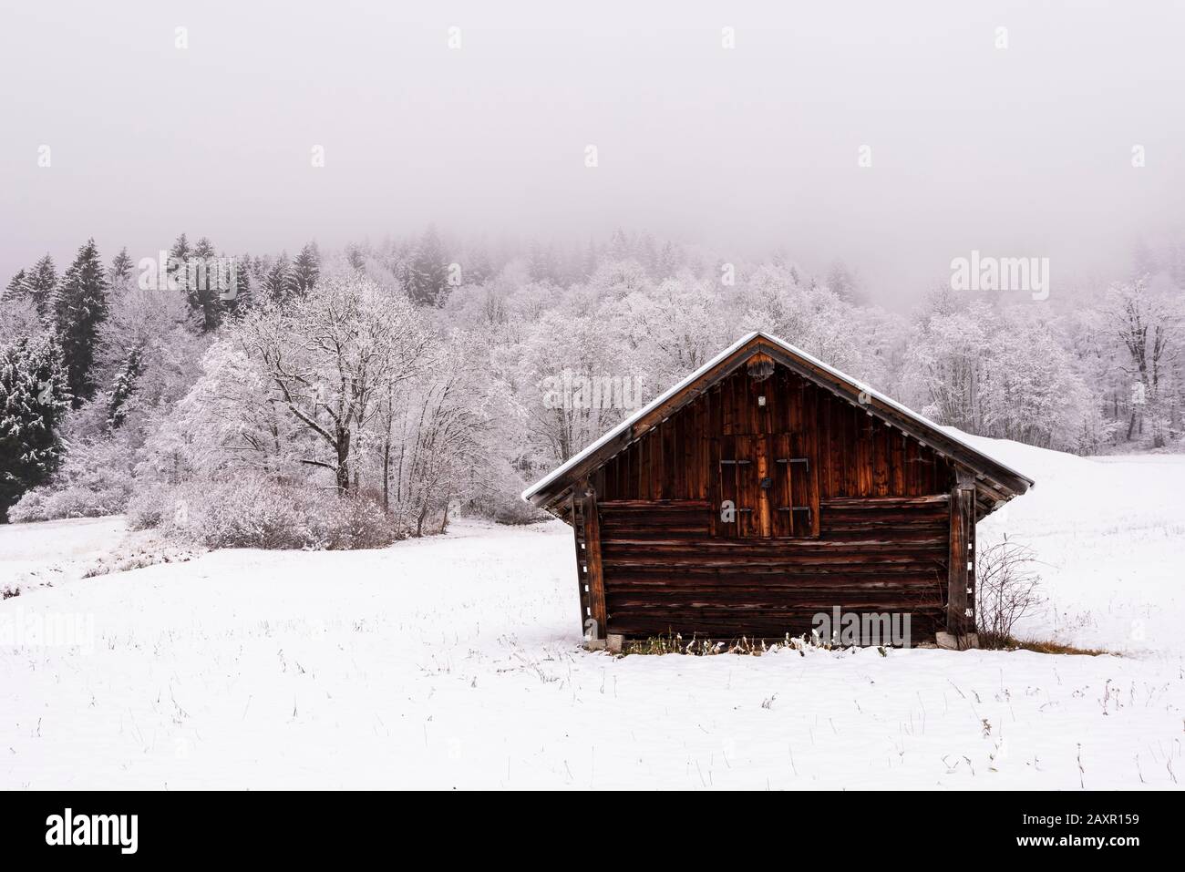 Winter in the Bavarian Alps, while snowdrift stands a hut at the edge of the forest. Stock Photo