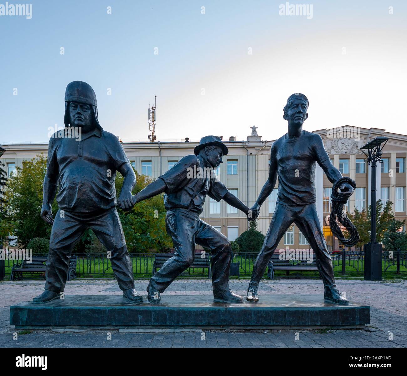 Statue of scene from comedy film Kidnapping, Caucasian Style by Leonid Gaidai: Trus, Byvalyi and Balbes, Irktusk, Siberia, Russia Stock Photo