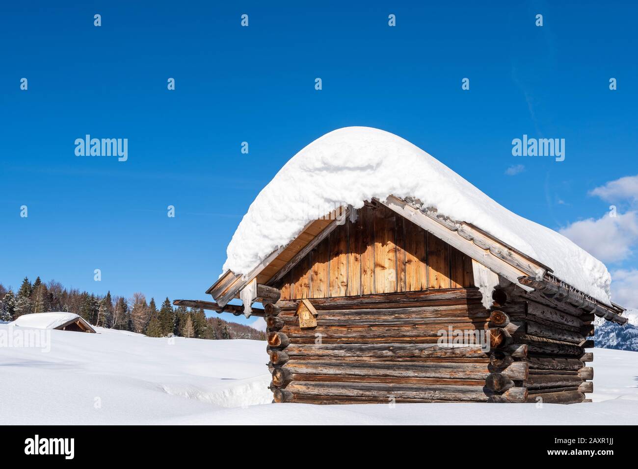Haystack above Mittenwald in the deep snow of winter. Stock Photo