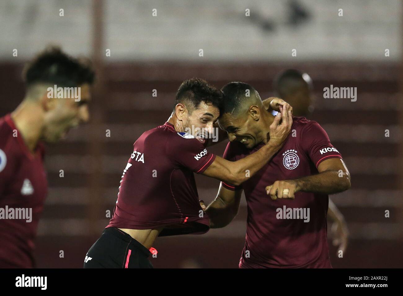 Buenos Aires, Argentina - February 12, 2020: Lautaro Acosta and Jose Sand celebrating the Goal against Universidad Catolica of Ecuador for the first f Stock Photo