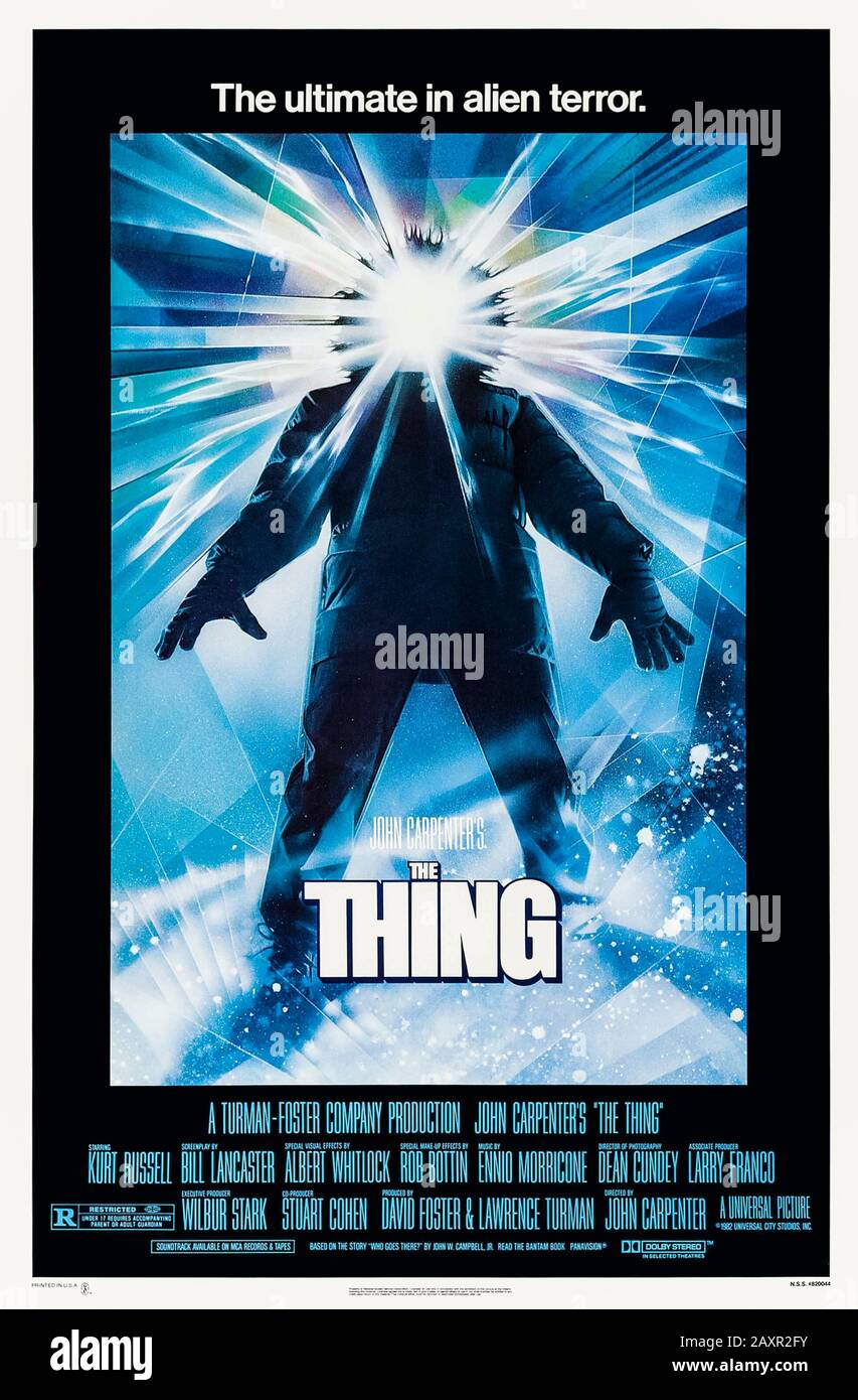 The Thing (1982) directed by John Carpenter and starring Kurt Russell, Wilford Brimley, Keith David and David Clennon. Scientists an a remote research station in Antartica disturb a shape shifting alien lifeform. Stock Photo