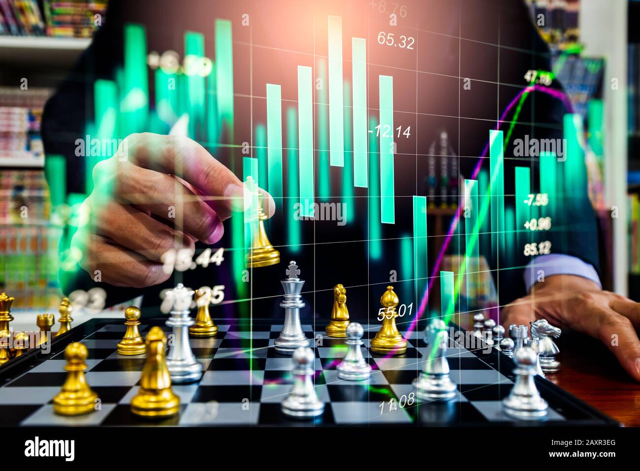 Chess game on chess board on stock market or forex trading graph chart for financial investment concept. Economy trends for digital business marketing Stock Photo