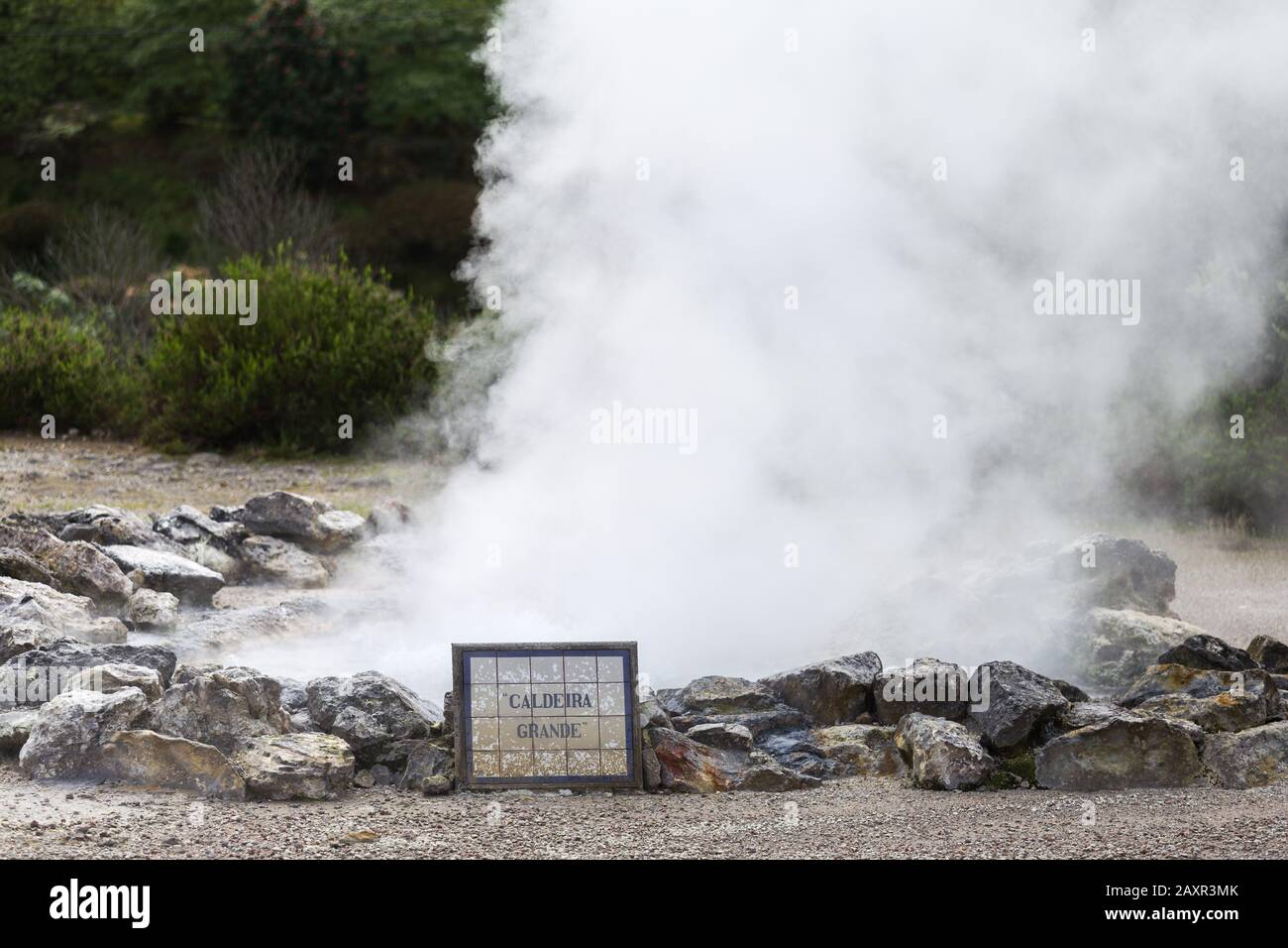 Boiling water and hot steam venting from Caldeira Grande (big boiler) in Furnas, Sao Miguel island, Azores, Portugal Stock Photo