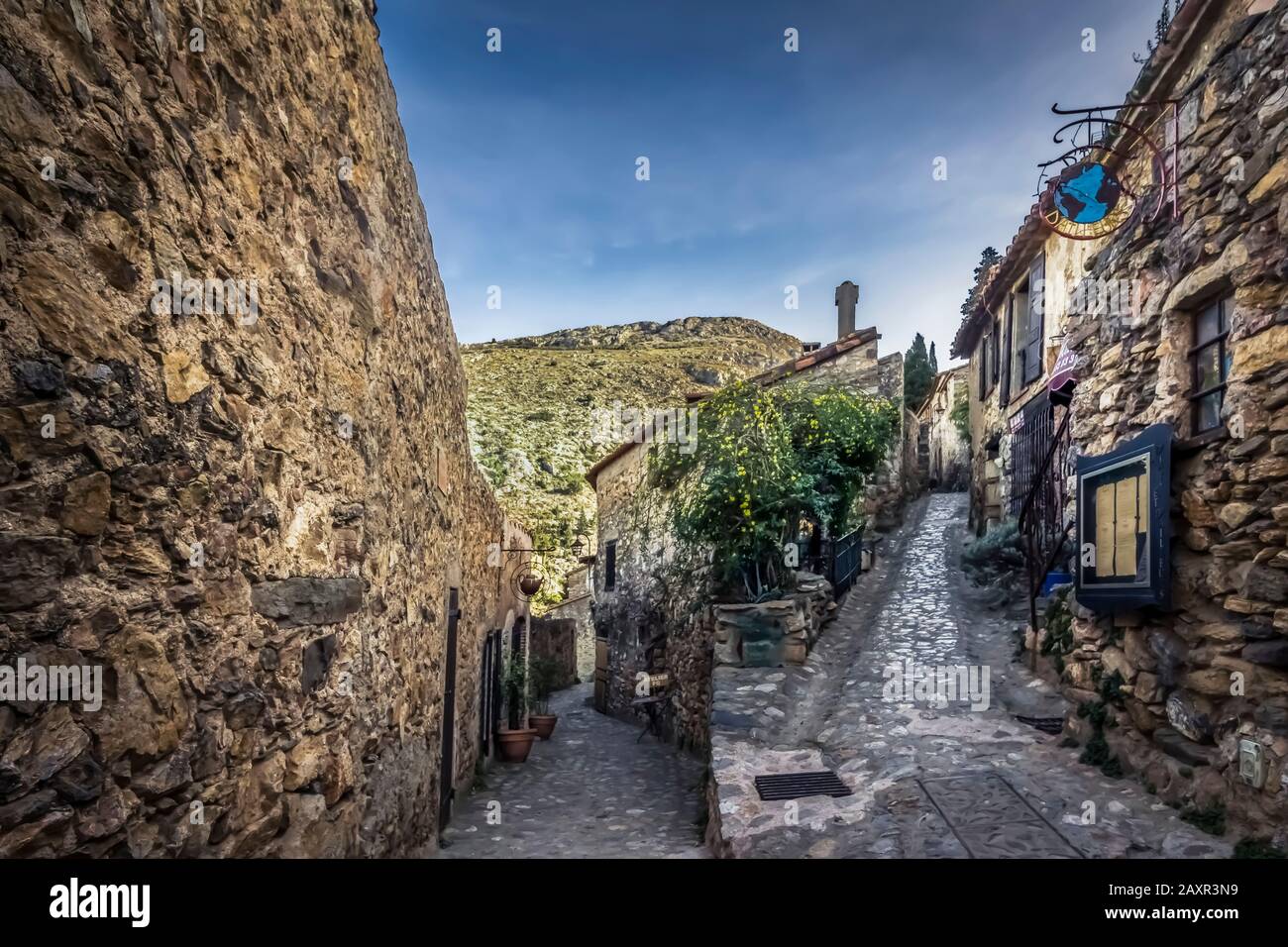 Village center of Castelnou. First mentioned at the end of the 10th century. Plus beaux villages de France. Stock Photo