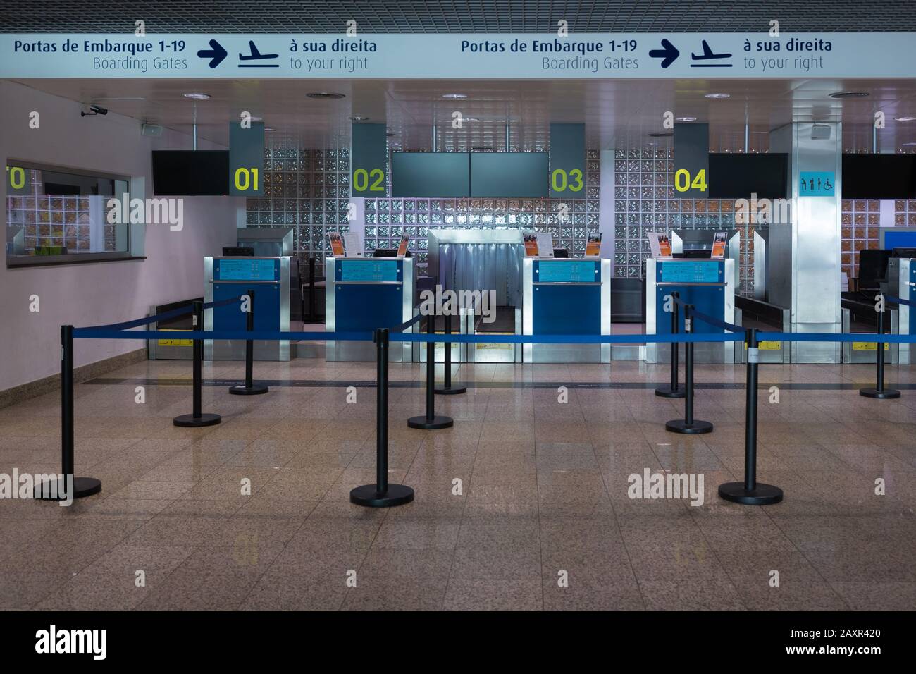 Santa Cruz, Madeira - February 2020: Empty check-in at Cristiano Ronaldo airport in Madeira island, Portugal. Stock Photo