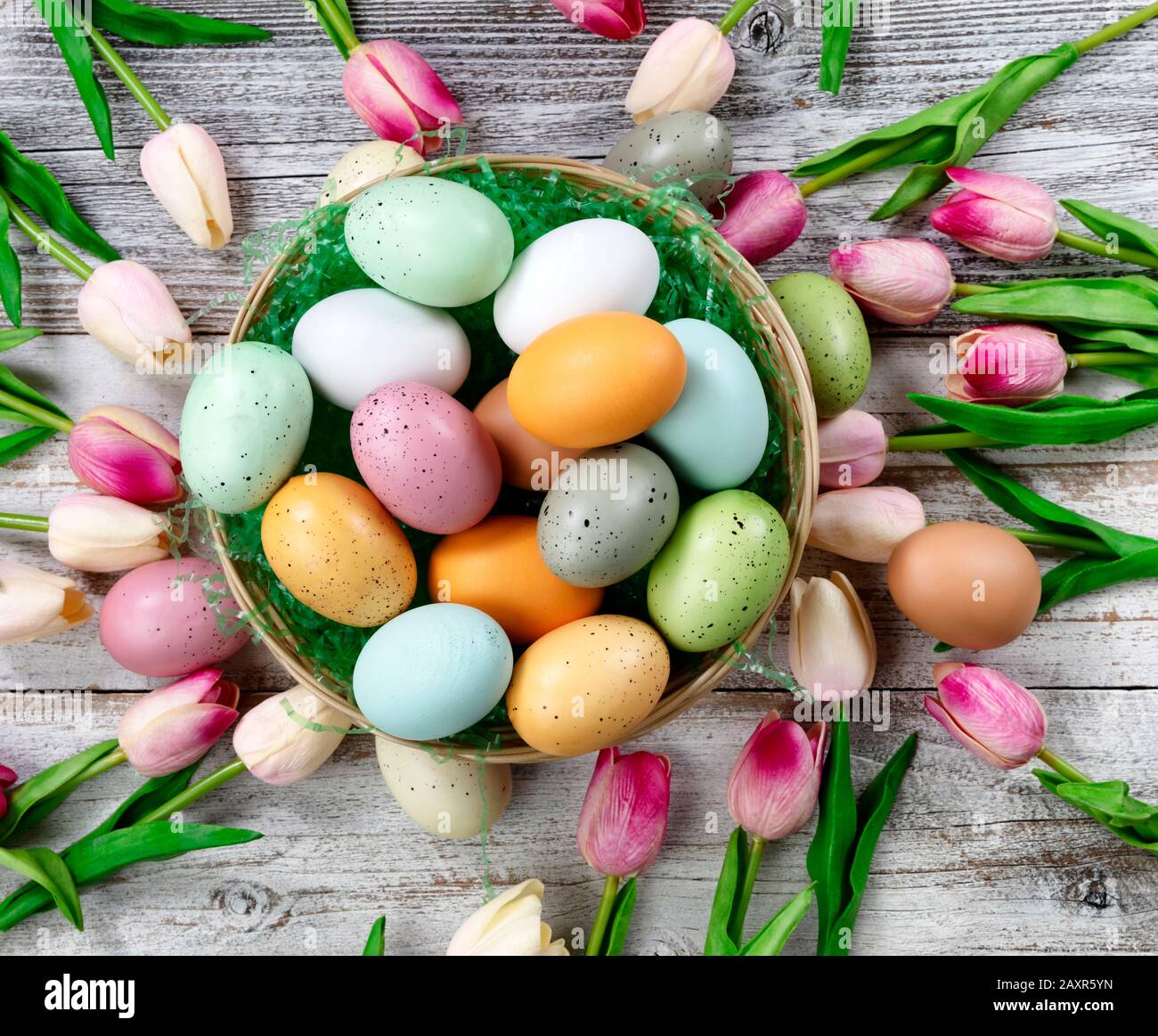 Happy Easter Concept With Basket Filled Of Colorful Eggs And Spring Flowers On White Rustic Wood Overhead View Layout Stock Photo Alamy