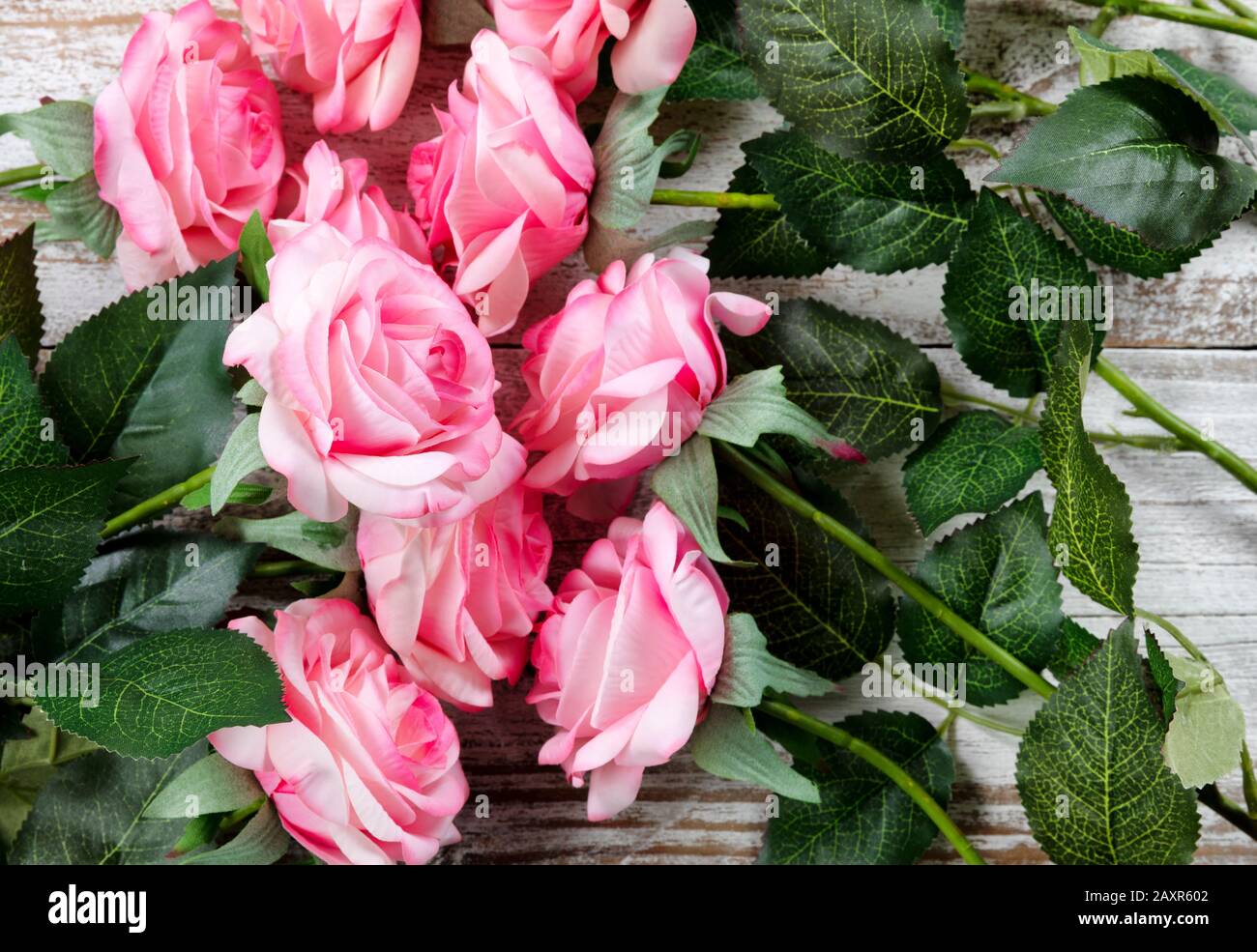 Filled frame of artificial light pink roses for love concept Stock