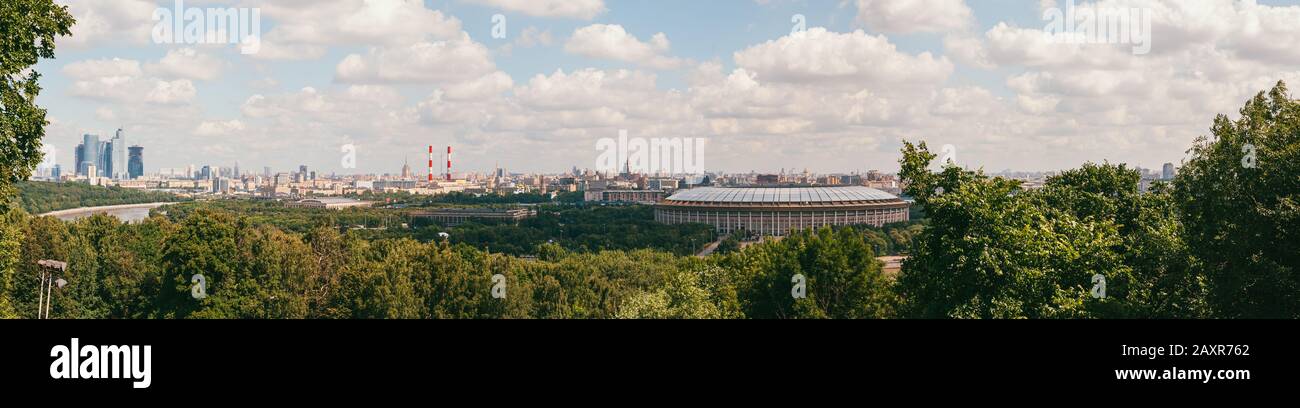 A long aerial panorama of Moscow with the Moscow city complex on the left and the Luzhniki stadium on the right. 2009 year Stock Photo