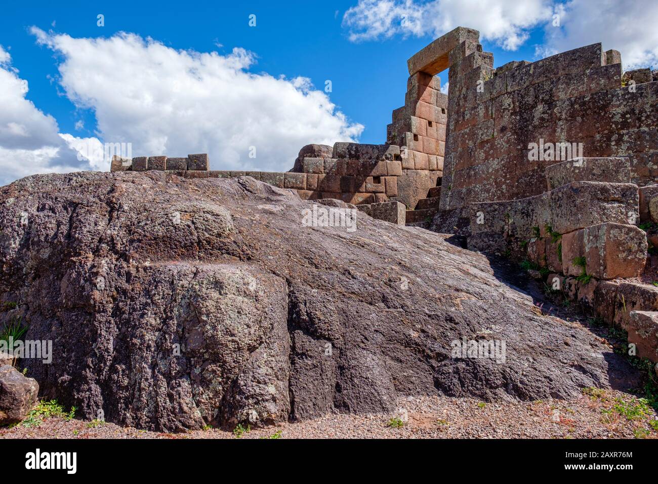 Inti Watana, Intiwatana, Inca portal at citadel of Pisac ancient city ruins Temple Complex, Inca ruins, Incan architecture, Peru Sacred Valley Peru Stock Photo