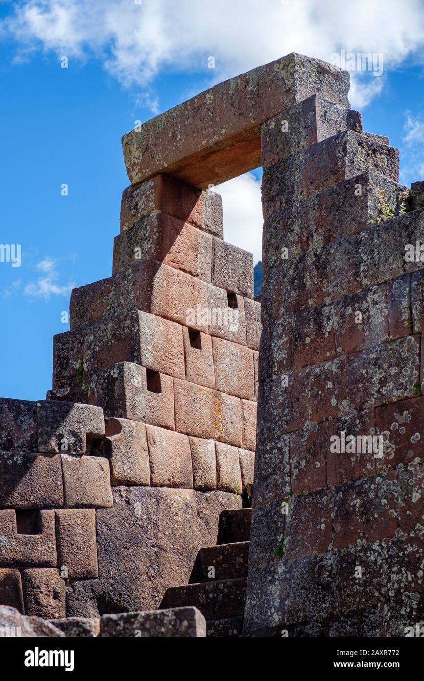 Inti Watana, Intiwatana, Inca portal at citadel of Pisac ancient ruins Temple Complex, Inca ruins, Incan architecture, Peru Sacred Valley Peru Stock Photo