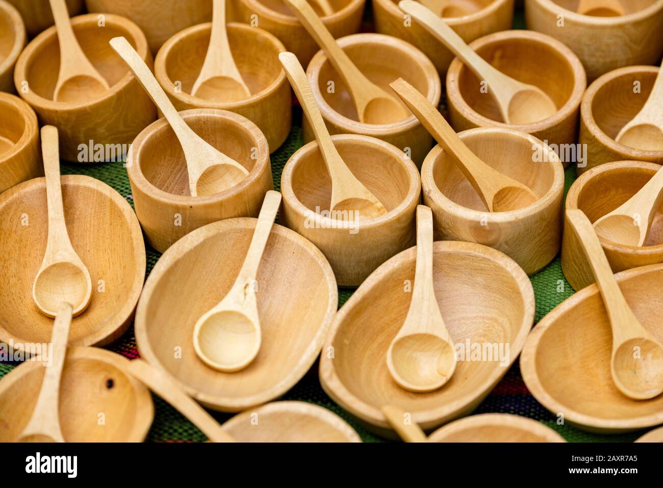 Peru market handmade wooden spoons and bowls for sale in the city Pisac public market, Peru Sacred Valley, Sacred Valley Peru Stock Photo