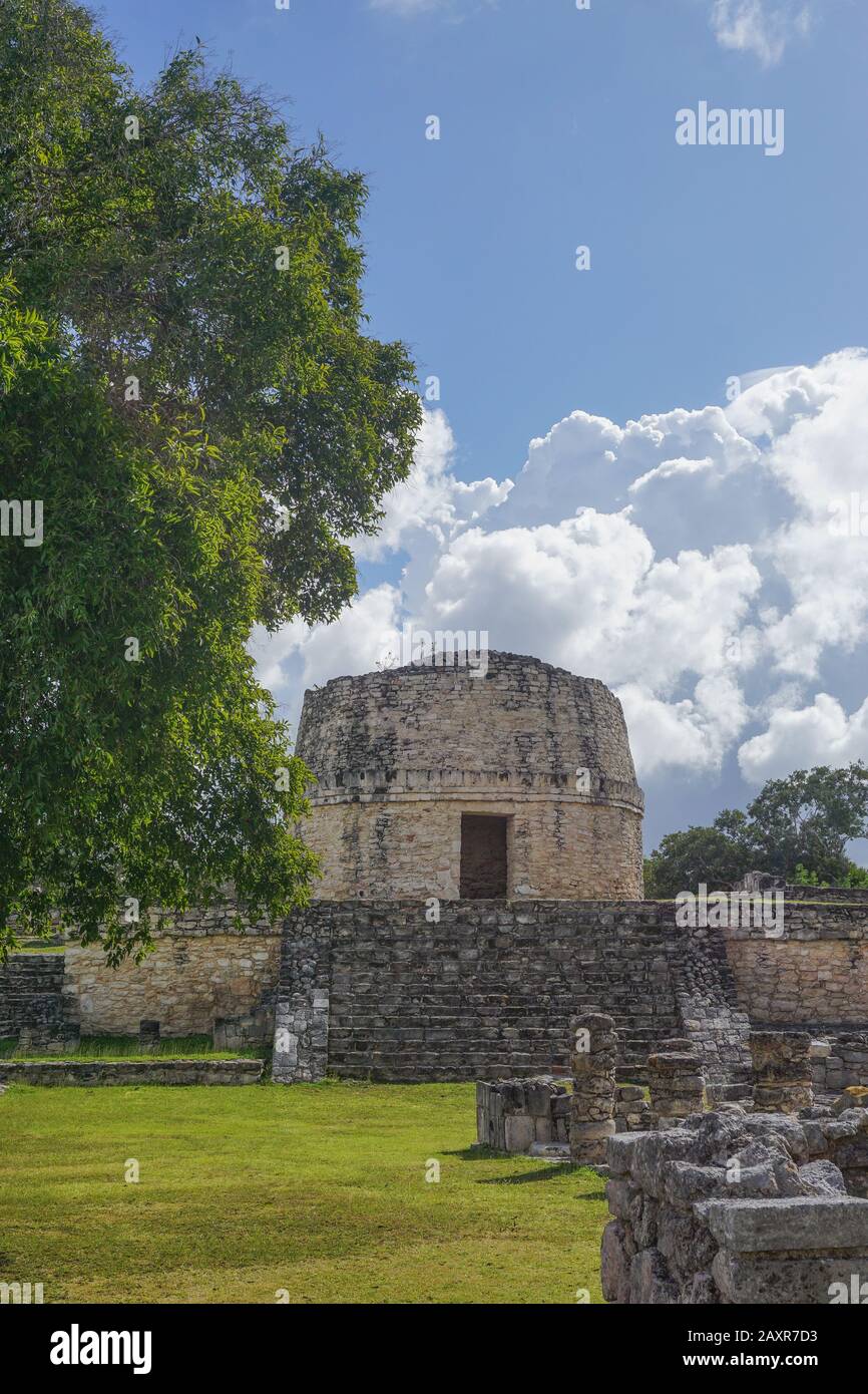 Mayapan, Yucatan, Mexico: El Templo Redondo -- The Round Temple -- among the ancient Mayan ruins in Mayapan. Stock Photo