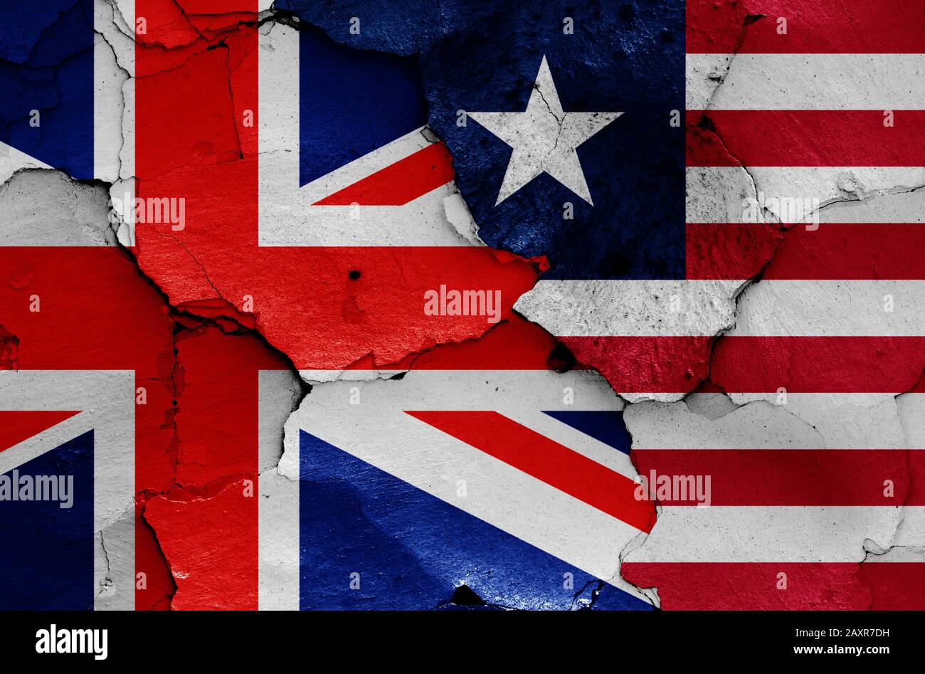 flags of UK and Liberia painted on cracked wall Stock Photo - Alamy