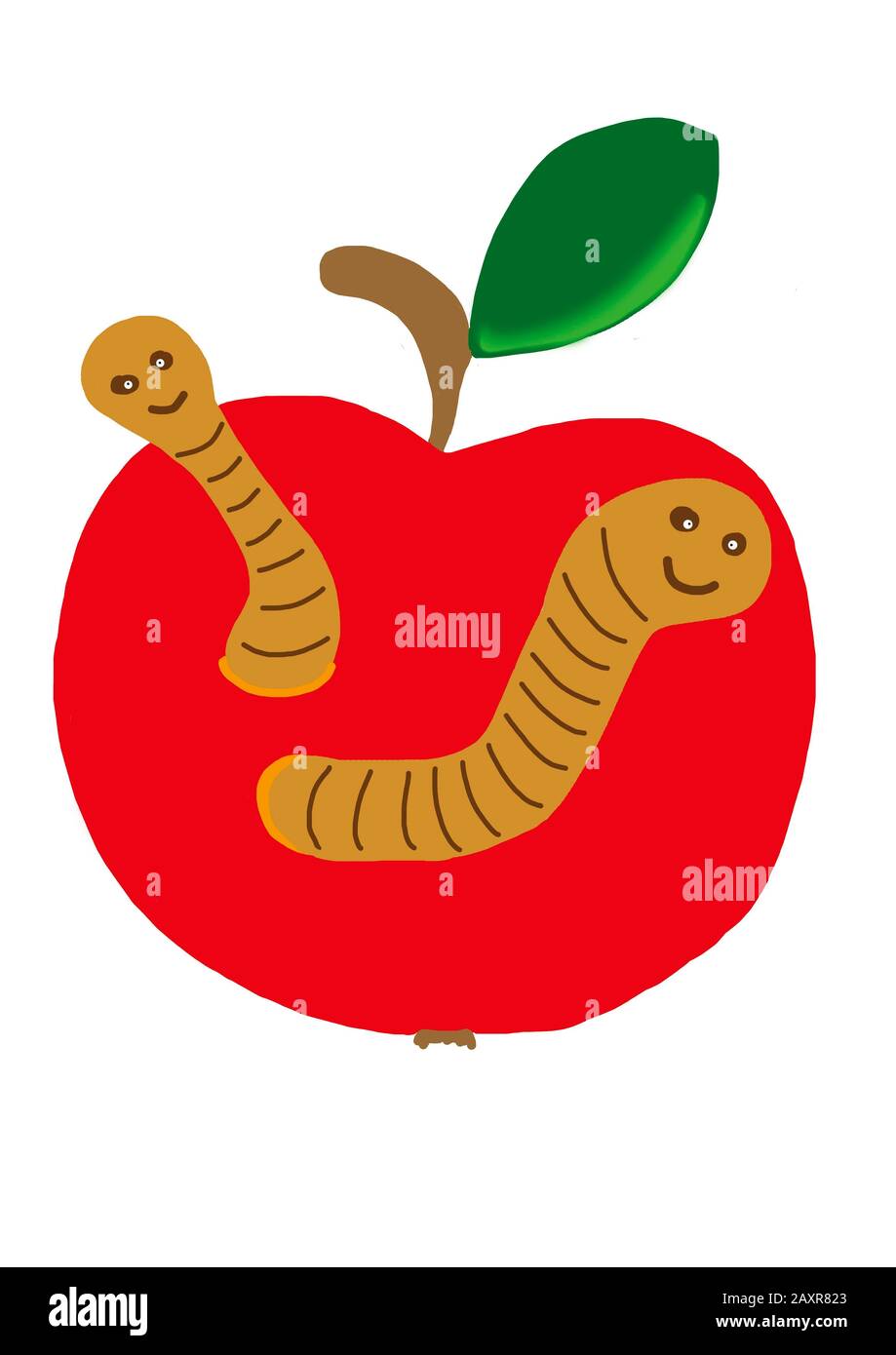 Naive illustration, children's drawing, worms on a wormy apple, Germany Stock Photo