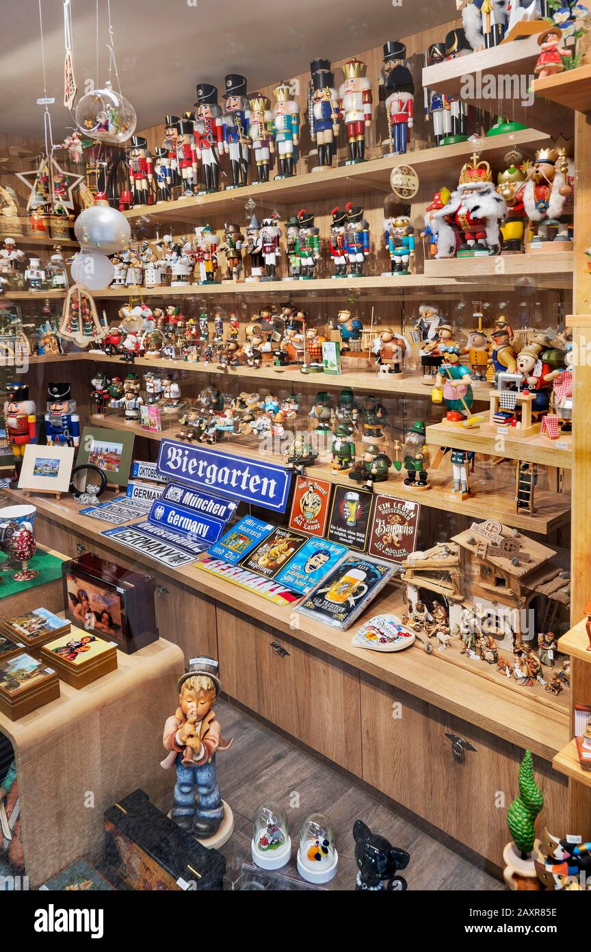 Shop window with Bavarian and Erzgebirge souvenirs, Munich, Upper Bavaria, Bavaria, Germany Stock Photo