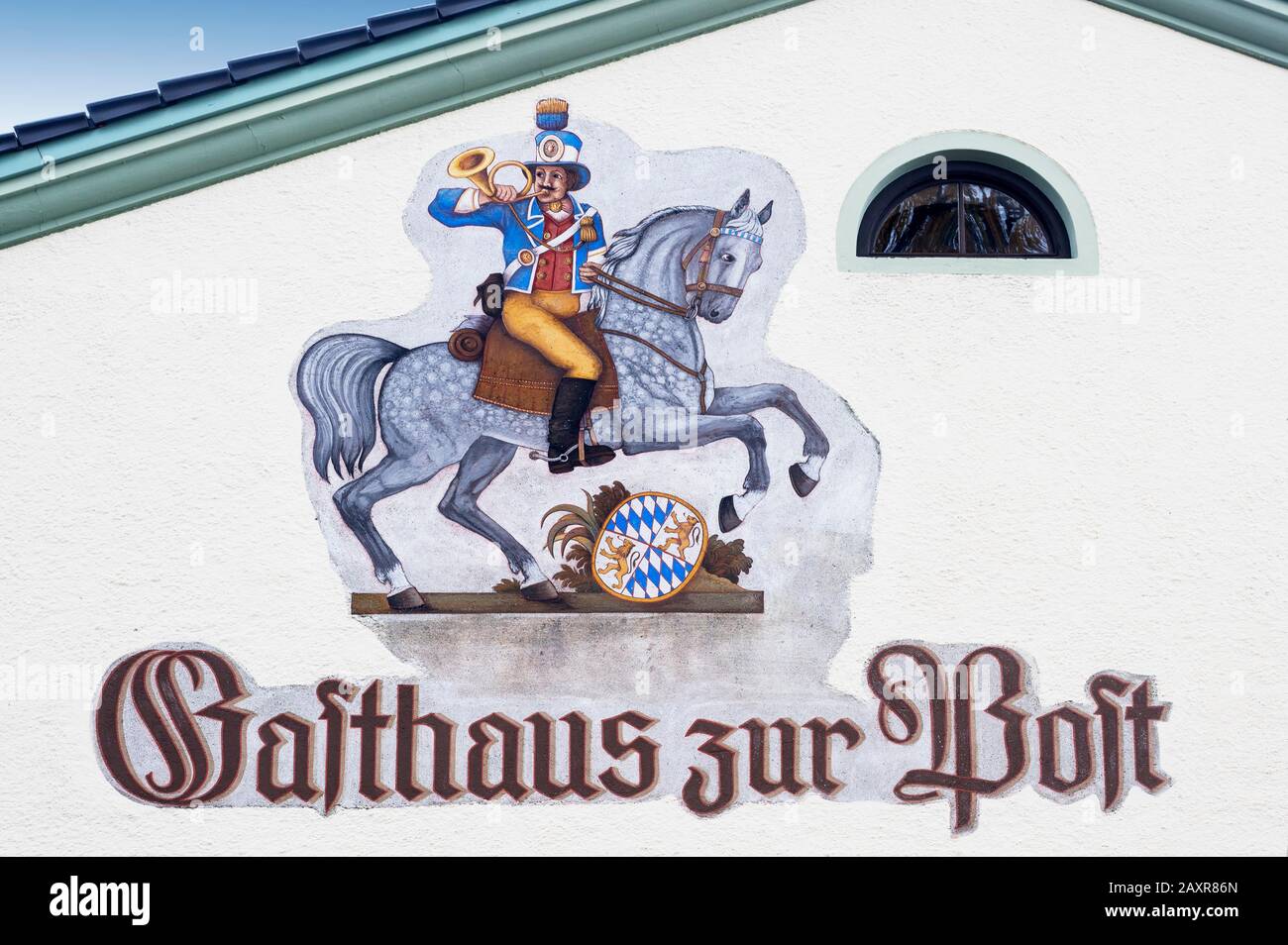 Postillon, mural painting at the Gasthaus zur Post in Benediktbeuern, Upper Bavaria, Bavaria, Germany Stock Photo