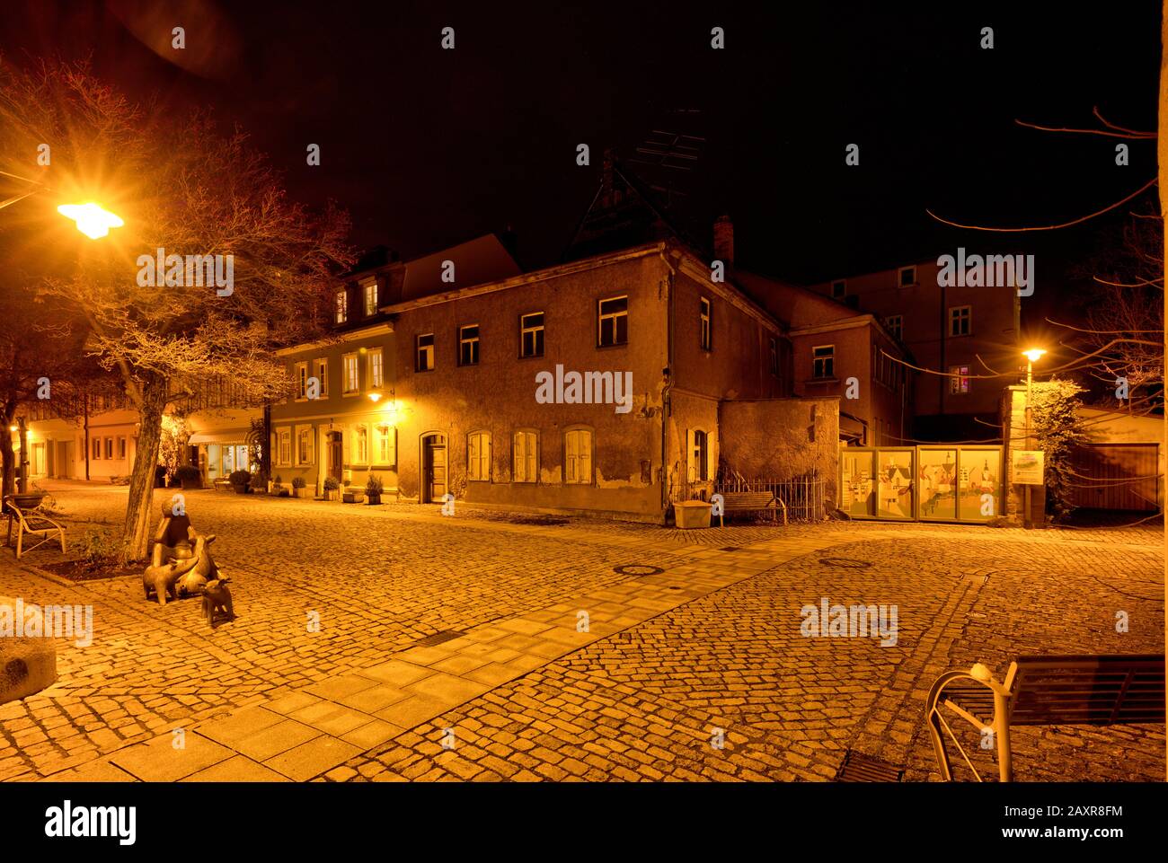 Zurich district, old town, cobblestone pavement, swineherd monument, blue hour, Schweinfurt, Franconia, Bavaria, Germany, Europe Stock Photo